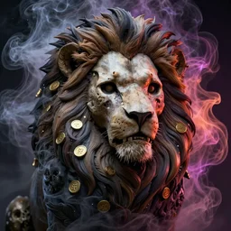a beautiful detailed 3 d matte portrait of a lion made out of dark smoke, by ellen jewett, by tomasz alen kopera, by justin gerard, ominous, magical realism, texture, intricate, skull, skeleton, gold coins, money, whirling smoke, radiant colors, fantasy, volumetric lighting, high details