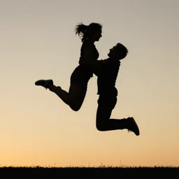 a man holding a woman jumps into the air. the two figures are black silhouettes