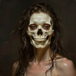 epic portrait an woman with a skull face, wet flowing hair, sweaty skin, broad light, ambient occlusion, volumetric light effect, made by ivan aivazovsky, peter mohrbacher, greg rutkowski, hyperrealistic, hyperdetailed, matte painting, trending on artstation, 8 k, perfectly defined features, digital painting,