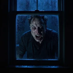 dark photo of dark blue rainy bedroom window at night, dimly lit creepy ( ( ( ( ( contorted distorted ) ) ) ) ) screaming face of elon musk staring in through the window, white demonic eyes, horror, scary, 4 k, sweaty, face, demonic face,