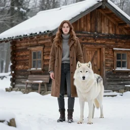 35mm full body photo of Adelaide Kane standing in front of a snowy wooden cabin with a white wolf besides her, Extremely detailed. 8k, realistic