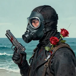 portrait of a rogue agent wearing oxygen mask, has blood, rose, a pistol and a syringe needle with sea background intricate details with horror side profile by Sandra Chevrier