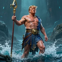 donald trump as poseidon the god of water and the oceans, style artstation, style greg rutkowsk, octane render, unreal engine 6, epic game graphics, fantasy, ciberpunk, conceptual art, ray tracing