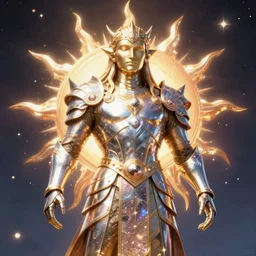 a celestial sun god, in the armor of a thousand universes, dynamic lighting, fantasy concept art, trending on art station, stunning visuals, creative, cinematic, ultra detailed, ray tracing, sun rays, majestic, tim hildebrandt