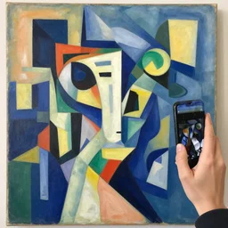 painting on a person on the phone, abstract, collage, geometric abstraction, block colours, painting by Sonia Delaunay, beautiful