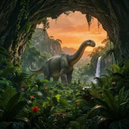 a lush prehistoric jungle cave, lush flora, a humongous brachiosaurus in the background, waterfall and mountains in the background, flowers, vines, orange sky, dark, sunset, hazy, volumetric lighting, rtx on, photorealistic render, beautiful, stunning, ultra - detailed