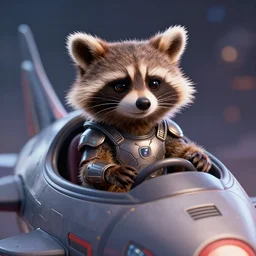 3 5 mm portrait, furry rocket the raccoon sitting in the cockpit of a space ship from guardians of the galaxy, wearing mass effect armor, soft volumetric lighting, cinematic,, octane, 8 k, photorealism!!