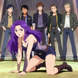 A wide-shot anime still of purple-haired Gal Gadot sliding on knees by Stanley Artgerm Lau, WLOP, Rossdraws, James Jean, Andrei Riabovitchev, Marc Simonetti, and Sakimichan, trending on artstation