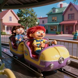 1990s photo of inside the Hey Arnold Ride at Universal Studios in Orlando, Florida, riding through Arnold's neighborhood , cinematic, UHD