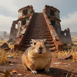 close - up selfie shot of dwarf fat - tailed jerboa with rusty broken building constructions of a giant staircase for multiple cases, leading to the sky, the ruins, in the steppe, autumn field, misty background, from the game pathologic 2, highly detailed, sharp focus, matte painting, by isaac levitan and asher brown durand,