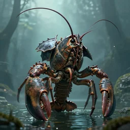 an aldani looks like a giant lobster that walks upright. its face is mostly encased in armor, looking almost humanoid except for its long eyestalks. despite their frightful appearance, aldani avoid conflict. reclusive and xenophobic, they hide in their lakes and rivers - n 4
