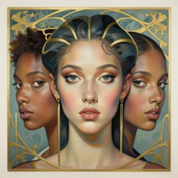 a streamline moderne, art nouveau, multi - ethnic and multi - racial portrait in the style of charlie bowater, and in the style of donato giancola, and in the style of charles dulac. clear, very large eyes. symmetry, ultrasharp focus, volumetric lighting, photorealistic digital painting, intricate, elegant, highly detailed, centered.