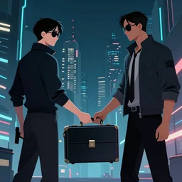 two secret agents handing over a briefcase, detailed digital illustration, cyberpunk, nighttime