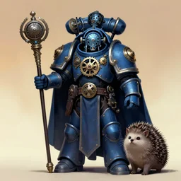 full character potrait of genetic combination between clockwork machine & hedgehog & cat holding a ceremonial staff, wearing a cloak, zdzislaw beksinski, lewis jones, dariusz zawadzki, wayne barlow, warhammer fantasy, cold hue's, warm tone gradient background, concept art, 4 k, ultra - high - definition