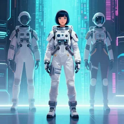 astronaut girl futuristic lighting wardrobe behind a wall of matrix, cyberpunk in synthwave aesthetic, sci - fi, illustration by atey ghailan, by greg rutkowski, by greg tocchini, by james gilleard, by joe gb fenton, symmetrical features, royally decorated, organic, whirling gasses, colorful torn nebulas, radiant vibrant colors