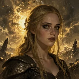 Elle Fanning in the illustrated world of Dark Souls, head and shoulders masterpiece, apocalypse, golden hour, cosmic horror, artstation, in the style of Yoji Shinkawa, extremely detailed