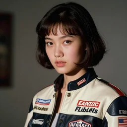 ektachrome, 3 5 mm, highly detailed : incredibly realistic, youthful asian demure, perfect features, feminine cut, beautiful three point perspective extreme closeup 3 / 4 portrait photo in chiaroscuro style 1 9 7 0 s frontiers in flight leather suit covered in motor racing logos cosplay fashion, nick night