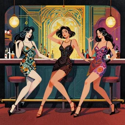 ( ( dither ) ), editorial illustration portrait of girls like reol in a bar, dynamic pose, modern art deco, colorful, ( ( mads berg ) ), christopher balaskas, victo ngai, rich grainy texture, detailed, dynamic composition, wide angle, moebius, matte print, volumetric ( ( glitch art ) )