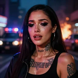 a streetwear Studio Trigger style mixed woman wearing thick mascara, crying, a city on fire in the background, police lights shine on her face, tattoos, dark glitter, Cinestill 50d, 4k, 8k, hd, full color, octane render, trending on artstation, highly detailed