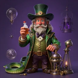 Uncle Aloysius, snake oil salesman, wild west crypto pharmaceutical industrialist apothecary alchemist tinkerer engineer, cute, fantasy, intricate, elegant, highly detailed, digital painting, 4k, HDR, concept art, smooth, sharp focus, illustration,  purple green color scheme, art by Ed Roth and H R Giger