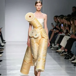 “runway model wearing high fashion dress made of giant fruit rollups”