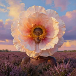closeup, giant flower as a head, african woman in heather field, surreal photography, golden hour, colorful clouds, impressionist painting, digital painting, artstation, simon stalenhag