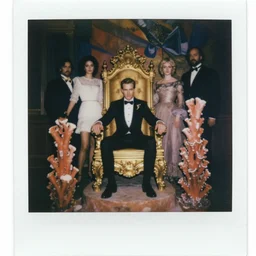 polaroid still symmetry frame from Black Panther movie by Tetsuya Ishida, from Pan's Labyrinth (2006) by Alicja Kwade, Caesar sitting on the throne, dressed by Salvatore Ferragamo and by Chanel, haute couture painted by Peter Paul Rubens and by John Baeder, editorial fashion photography from vogue magazine, in coral stalagmite by Jean-Michel Basquiat