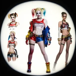 cyberpunk harley quinn, character sheet, concept design, contrast, hot toys, kim jung gi, greg rutkowski, zabrocki, karlkka, jayison devadas, trending on artstation, 8 k, ultra wide angle, pincushion lens effect