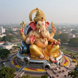 beautiful futuristic new delhi, sharp sci - fi ganesha!! building, kalighat flowers, highly detailed cinematic, stephen shore & john j. park, soft morning light, wide shot, high angle, uhd 8 k, sharp focus