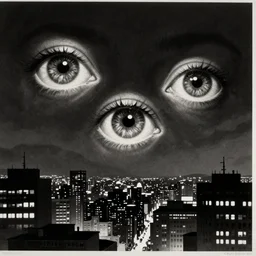a drawing of three realistic eyes floating in the sky over a city, high contrast, low key, black and white, vintage poster, film grain