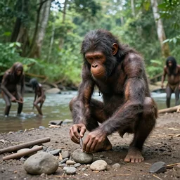 homoerectus, apeman, caveman, prehistoric people, make pebble tools at the river bank in the rainforest