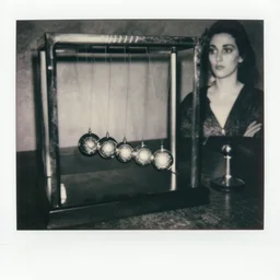 a black and white photo of a newtons cradle, pendulum, mandelbrot, in the style of egon schiele, jenny saville, m c escher, surreal, film photography, soft lighting, fashion photography, polaroid photography