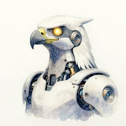 A watercolor painting of a cyborg eagle, glowing eyes