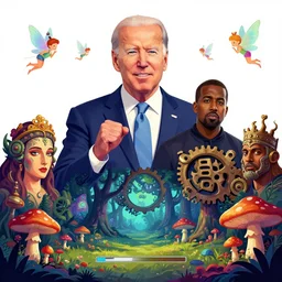 portrait of joe biden stars in the sky fairies with detailed faces enchanted forest mushrooms on the ground psychedelic wide angle shot white background vector art illustration gears of war illustration gta 5 artwork of kanye west, in the style of gta 5 loading screen, by stephen bliss by hieronymus bosch and frank frazetta