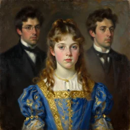 oil painting on wood. 1 8 9 6. portrait of a young girl in blue and gold. by herbert james draper, sir lawrence alma - tadema, john william godward. epitome of victorian era.. cinematic criterion composition by kurosawa, kubrick. trippy breathing photograph. tricks of illusion to create depth. ambient occlusion
