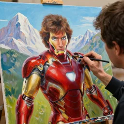 a closeup photorealistic photograph of bob ross working on a brilliant canvas painting of iron man. mountain scape. film still, vibrant colors. this 4 k hd image is trending on artstation, featured on behance, well - rendered, extra crisp, features intricate detail, epic composition and the style of unreal engine.