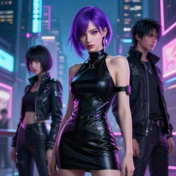 half - body, attractive male assassin, cyberpunk, purple hair, black dress, neon lights, city, octane render, irakli nadar, ayami kojima, ruan jia, greg rutkowski, 1 6 k, dramatic