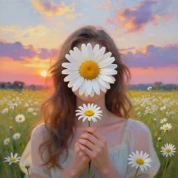 daisy flower for a face, portrait of girl in flower field, holding daisy, surreal photography, sunrise, impressionist painting, colorful clouds, digital painting, artstation, simon stalenhag, flower face