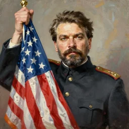 protrait of stalin, holding american flag, oil painting, by hubert van eyck