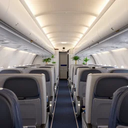 Cabin interior of a business class suite, two aisles, widebody jet, tropical aesthetic, super detailed 3d render, unreal engine 5