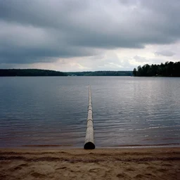 centered photograph of a single line floating on the surface stretching out to the center of the lake, a dark lake sandy shore on a cloudy day, color film, beach trees in the background, hyper - detailed kodak color film photo, anamorphic lens