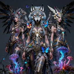 3 d goddess wide angle portrait with feathers, fur, and bones. beautiful intricately detailed avante garde wolf mask and retrowave sorceress outfit. vibrant butterflies, bio luminescent, mycelium, mushrooms, plasma, creature, artwork by tooth wu and android jones wlop and android jones and beeple and greg rutkowski