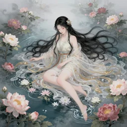 Stunning Anime Goddess of the floral river flowers, misty, intricate, beautiful, artstation 8k, high resolution