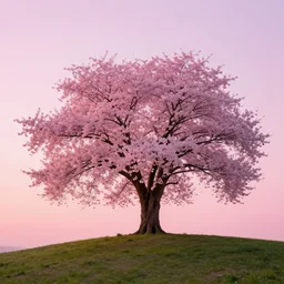 A sakura tree on a hill, digital art, pink sunset