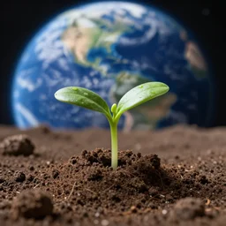 plant sprouting on the moon soil, close up macro photography, earth in the background