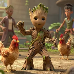 film still of young groot having a dance party with a chicken in the new farm movie, 4 k,