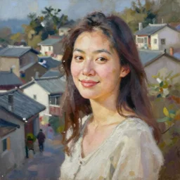 a woman in jiufen taiwan, an oil painting by ross tran and thomas kincade