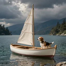 a beagle building a boat in a bay