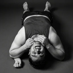 a professional black and white studio photo of a large plump man failing to do a simple exercise lying flat on the ground crying he can't do it failure grainy sad tears depressing overhead view