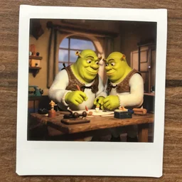 Animators in studio animating the new shrek movie in stopmotion, polaroid photo, color photo